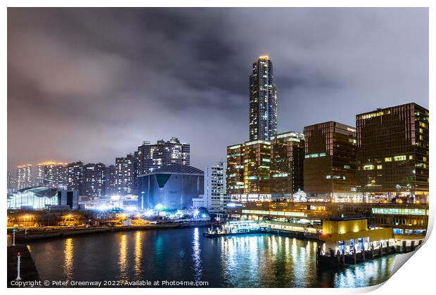 Hong Kong Skyline at Kowloon Harbour at Night Print by Peter Greenway