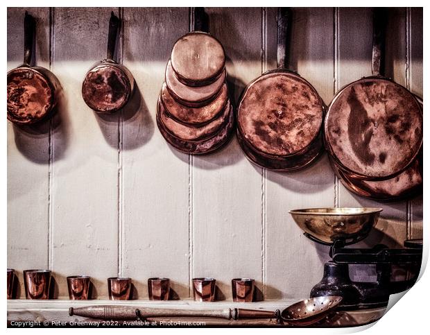 Vintage English Copper Cooking Pots & Pans Hung Up In A Kitchen Print by Peter Greenway
