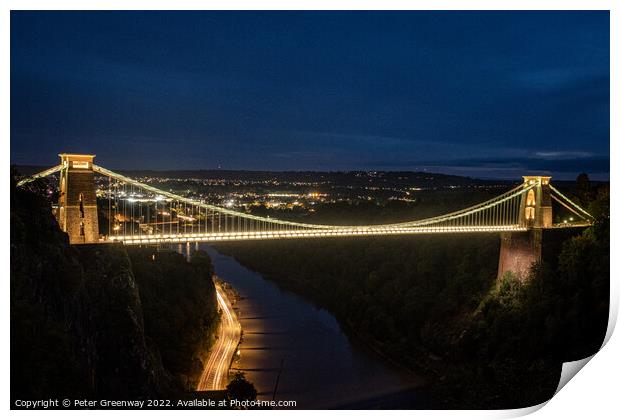 Traffic Light Trails Under The Clifton Suspension Bridge, Avon A Print by Peter Greenway
