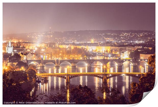 The City Lights Of Prague & The River Vltava From Letna Park Hil Print by Peter Greenway