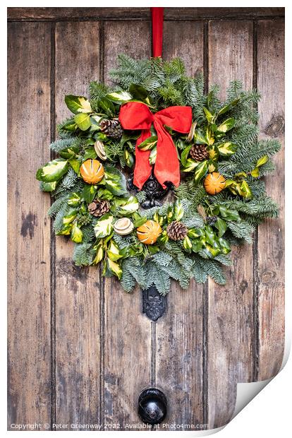Traditional English Christmas Wreath On A Wooden Farmhouse Door Print by Peter Greenway