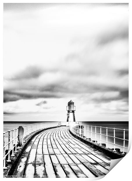 The Green Shipping Light House At The End Of The Pier At Whitby  Print by Peter Greenway
