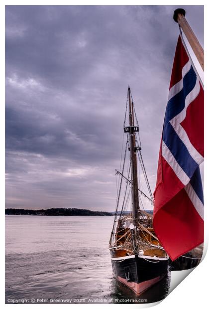 Schooner Fishing Sail Boat & The Norwegian Flag In Oslo Harbour Print by Peter Greenway