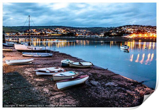 Rowing Gigs Moored On Shaldon Beach At Low Tide Du Print by Peter Greenway
