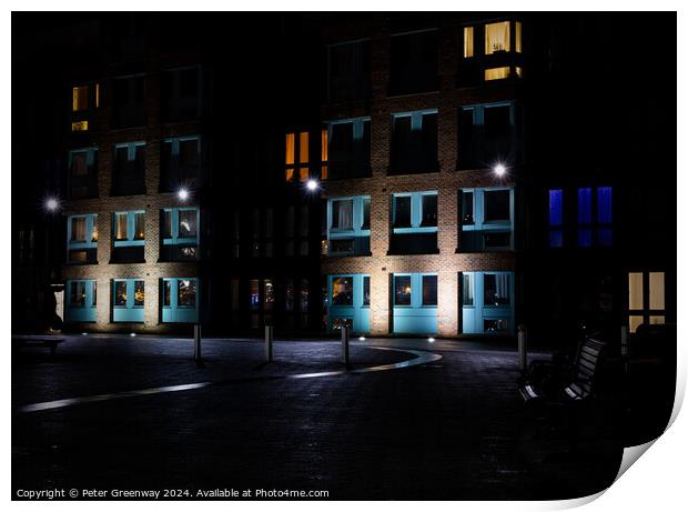 Seating Outside Illuminated Apartments At The Historic Docks At  Print by Peter Greenway