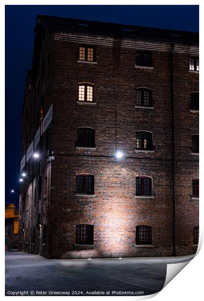 Illuminated Victorian Red Brick Warehouse At The Historic Docks  Print by Peter Greenway