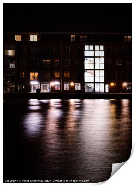 Illuminated Quayside Apartments Across The Quay At The Historic  Print by Peter Greenway