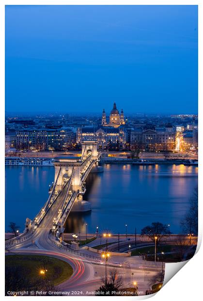 Traffic Light Trails Over The Szechenyl ( 'Chain' ) Bridge In Budapest Print by Peter Greenway