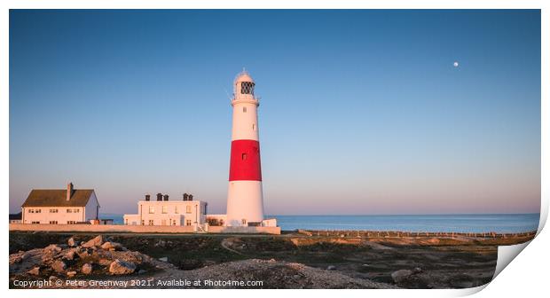 Moonrise At The Iconic Candy Striped Lighthouse At Portland Bill, Dorset Print by Peter Greenway