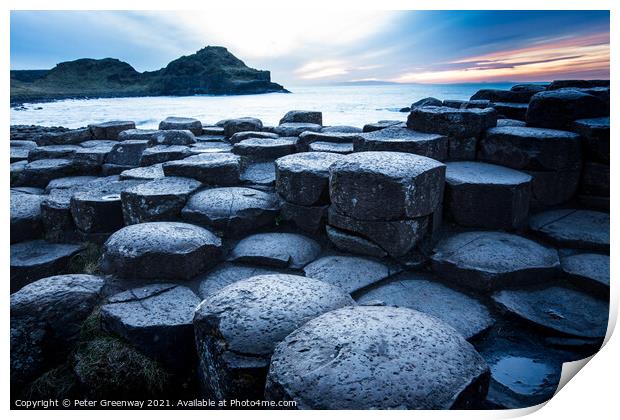 The Basalt Columns At The Giants Causeway At Sunse Print by Peter Greenway