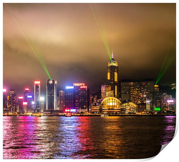 Laser Light Show Over Victoria Harbour At Tsim Sha Tsui, Hong Ko Print by Peter Greenway