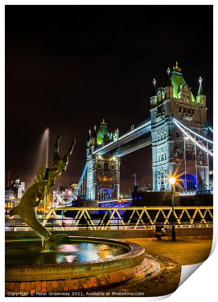 'Boy With A Dolphin' Fountain & Tower Bridge, Lond Print by Peter Greenway