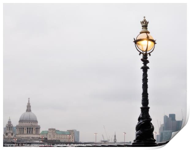 Illuminated Street Lamp On The Southbank Of The River Thames At  Print by Peter Greenway
