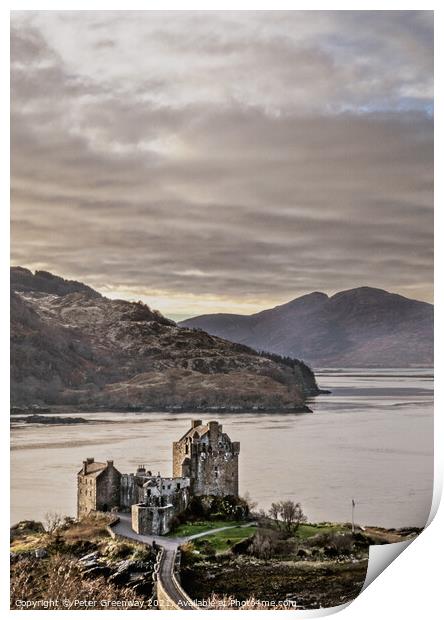 Eilean Donan Castle in the Scottish Highlands From The Hills Print by Peter Greenway