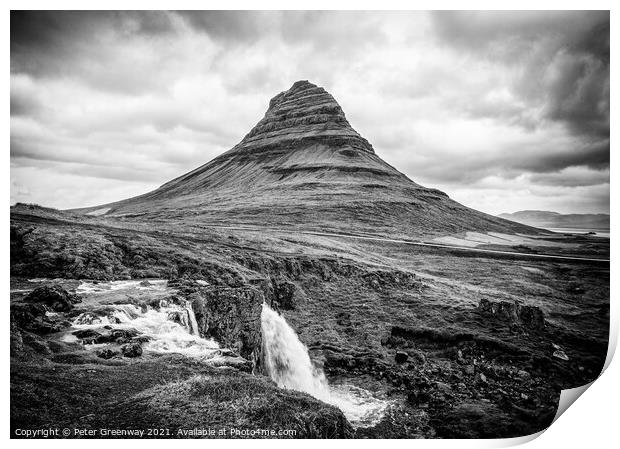 Kirkjufellfoss Waterfall, Iceland in Black & White Print by Peter Greenway