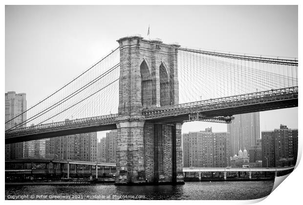 Brooklyn Bridge From New York Harbour Print by Peter Greenway
