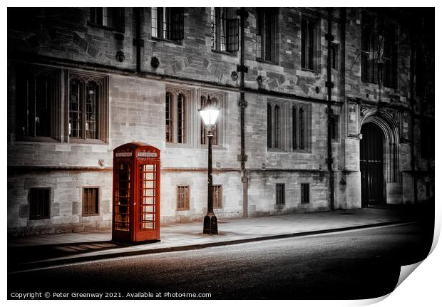 Illuminated Red Telephone Box In St Giles, Oxford Print by Peter Greenway