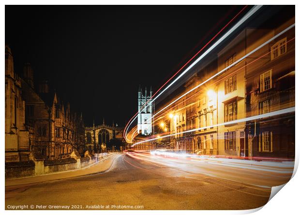 Traffic Light Trails Past Oxford University Magdal Print by Peter Greenway