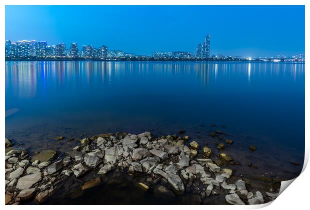 Han river and Seoul cityscape night view in South Korea Print by Mirko Kuzmanovic