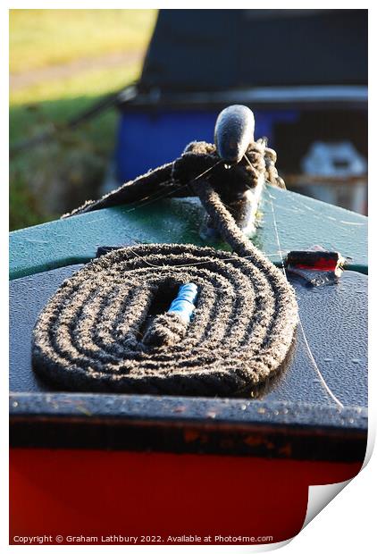 Canal narrowboat bow rope. Print by Graham Lathbury