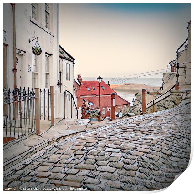 Whitby town cobbled streets and seaview Print by Stuart Chard