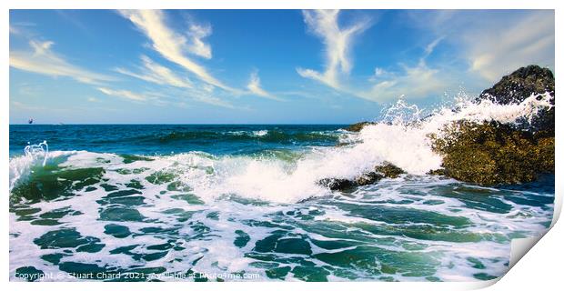 Waves crashing over the rocks with surf and spray Print by Stuart Chard