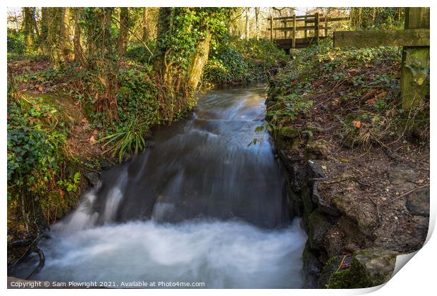 Waterfall flowing under a bridge at Tehidy woods Print by Sam Plowright