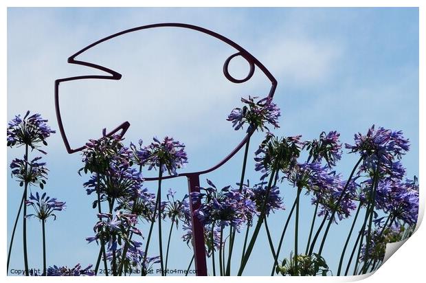 Fish sculpture with agapanthus flowers Print by Peter Wiseman