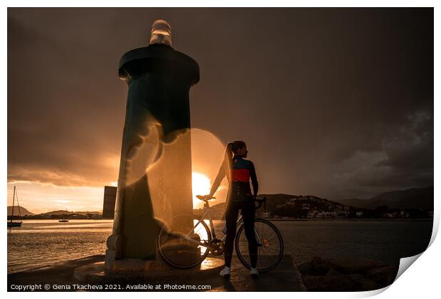 Riding a bicycle through Mallorcan storm Print by Genia Tkacheva