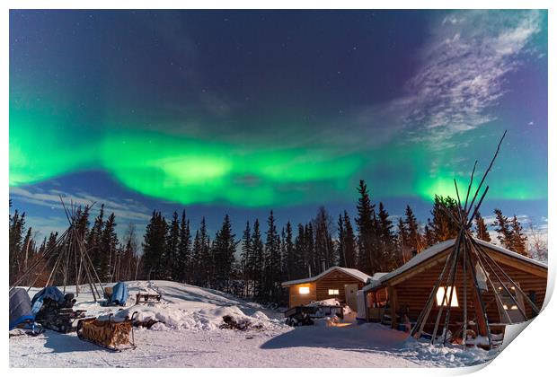 Aurora Borealis, Northern Lights, over aboriginal wooden cabin at Yellowknife, Northwest Territories, Canada Print by Chun Ju Wu
