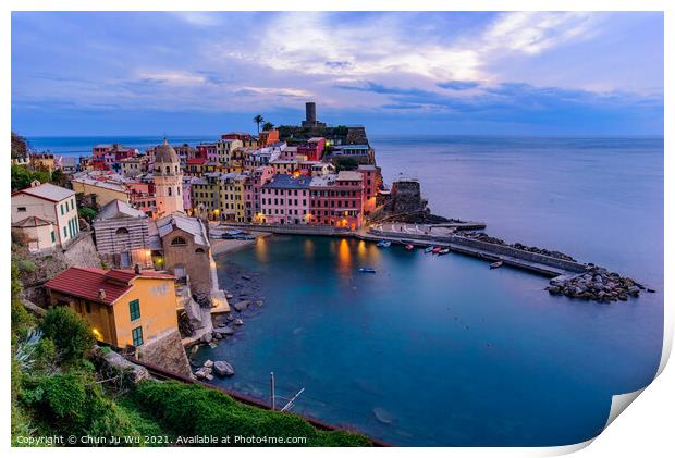 Sunset view of Vernazza, one of the five Mediterranean villages in Cinque Terre, Italy, famous for its colorful houses and harbor Print by Chun Ju Wu