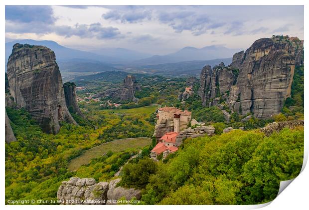 Landscape of monastery and rock formation in Meteora, Greece Print by Chun Ju Wu