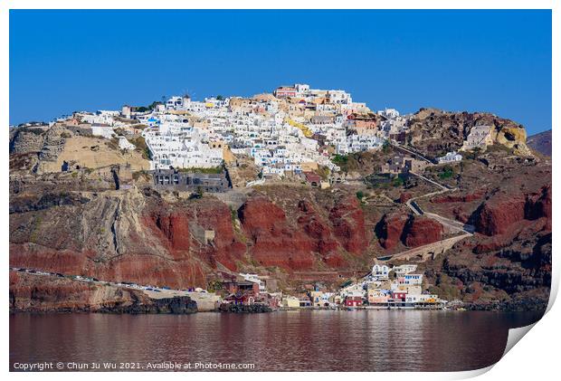 View of the white buildings of Oia village from Aegean Sea, Santorini, Greece Print by Chun Ju Wu