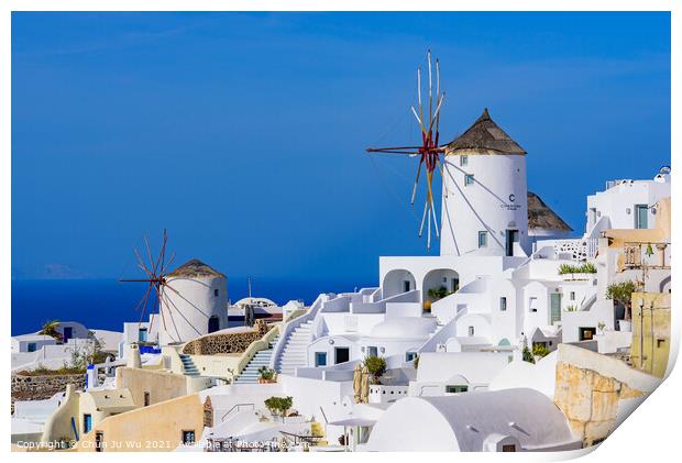 Windmill and traditional white buildings facing Aegean Sea in Oia, Santorini, Greece Print by Chun Ju Wu