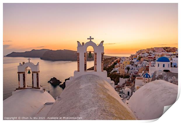 Blue domed churches and bell tower facing Aegean Sea with warm sunset light in Oia, Santorini, Greece Print by Chun Ju Wu