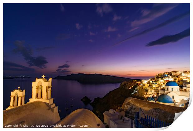 Night view of blue domed churches and bell tower facing Aegean Sea in Oia, Santorini, Greece Print by Chun Ju Wu