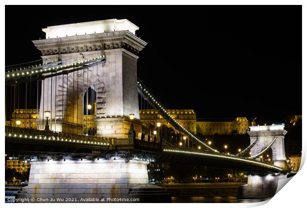 Night view of Széchenyi Chain Bridge across the River Danube connecting Buda and Pest, Budapest, Hungary Print by Chun Ju Wu