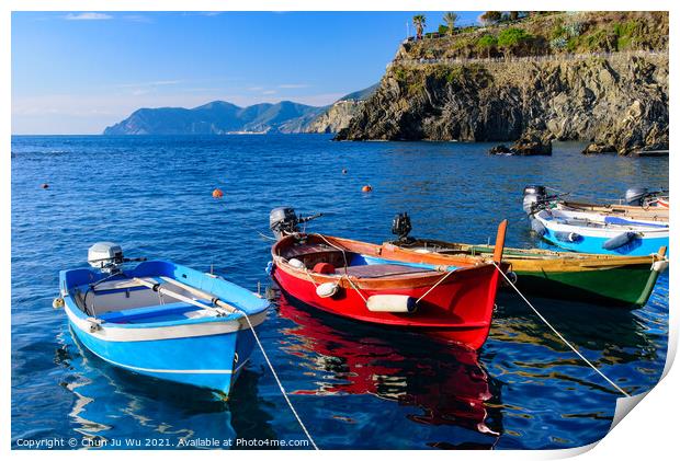 Fishing boats at Manarola, one of the five Mediterranean villages in Cinque Terre, Italy, famous for its colorful houses and harbor Print by Chun Ju Wu
