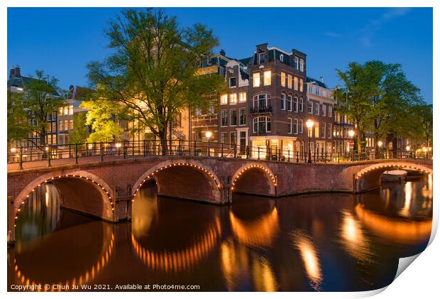 Reflection of bridge along the canal at night in Amsterdam, Netherlands Print by Chun Ju Wu