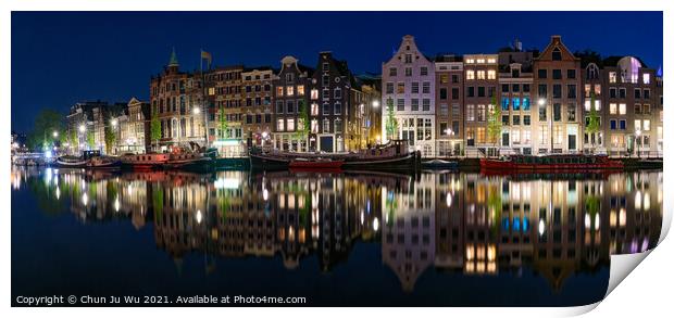 Panorama of the buildings along the canal at night in Amsterdam, Netherlands Print by Chun Ju Wu