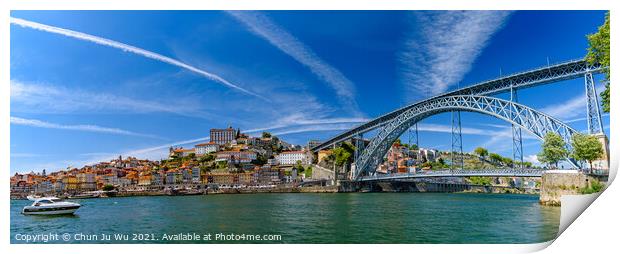 Panorama of the riverbank of Ribeira District and Dom Luis I Bridge in Porto, Portugal Print by Chun Ju Wu
