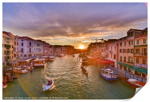 The Grand Canal with gondola and vaporetto at sunset time, Venice, Italy Print by Chun Ju Wu