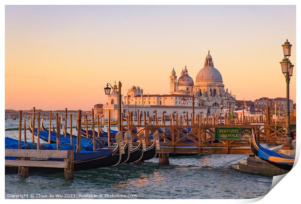 Basilica di Santa Maria della Salute and gondolas on the sea at sunrise / sunset time, Venice, Italy Print by Chun Ju Wu