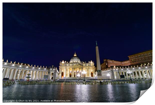 Night view of St. Peter's Basilica in Vatican City, the largest church in the world Print by Chun Ju Wu