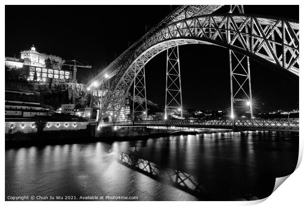 Night view of Dom Luis I Bridge, a double-deck bridge across the River Douro in Porto, Portugal (black & white) Print by Chun Ju Wu