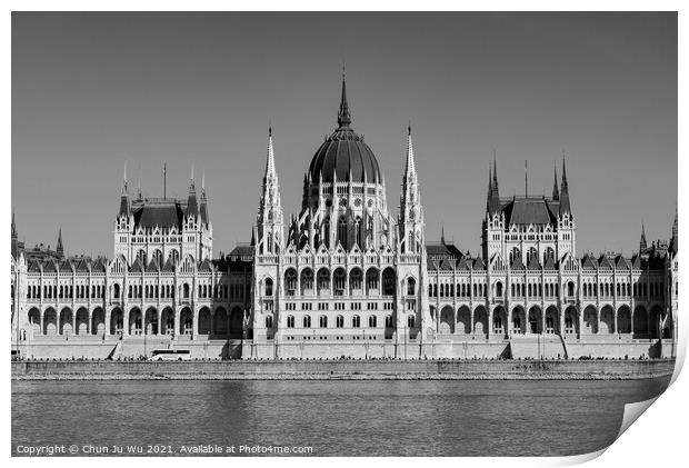 Hungarian Parliament Building on the banks of the Danube, Budape (black & white) Print by Chun Ju Wu