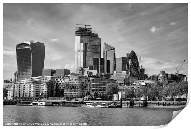 Skyline of City of London CBD in United Kingdom (black & white) Print by Chun Ju Wu