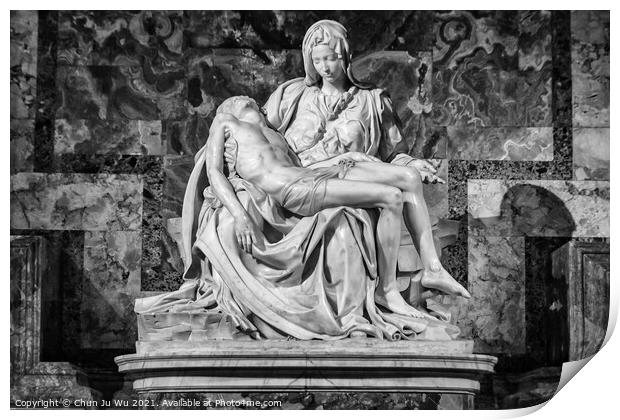 Pieta, a sculpture by Michelangelo, in St. Peter's Basilica (black & white) Print by Chun Ju Wu