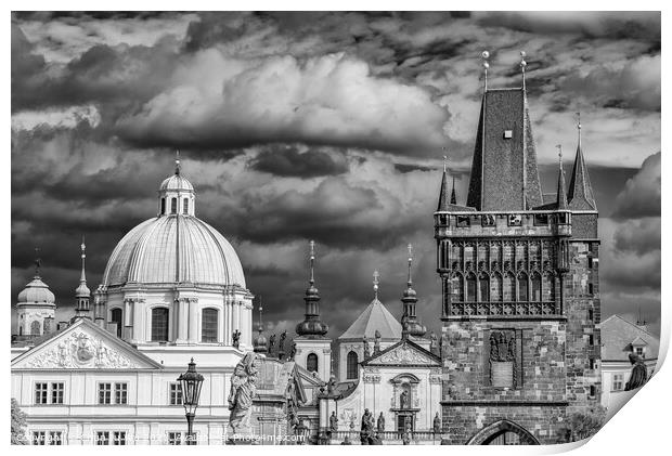 Charles Bridge tower in Prague, Czech Republic (black & white) Print by Chun Ju Wu