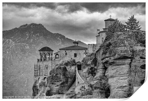 Landscape of monastery in Meteora (black & white) Print by Chun Ju Wu